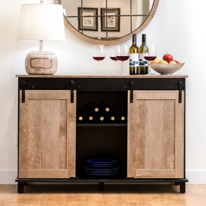 Gracie Oaks Modern Industrial Black Wine Bar With Natural Top